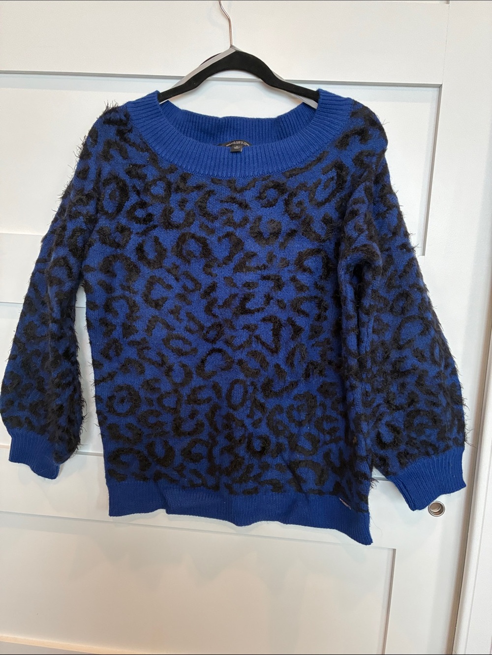 Andrew Marc Blue and Black Leopard-Print Crewneck Sweater